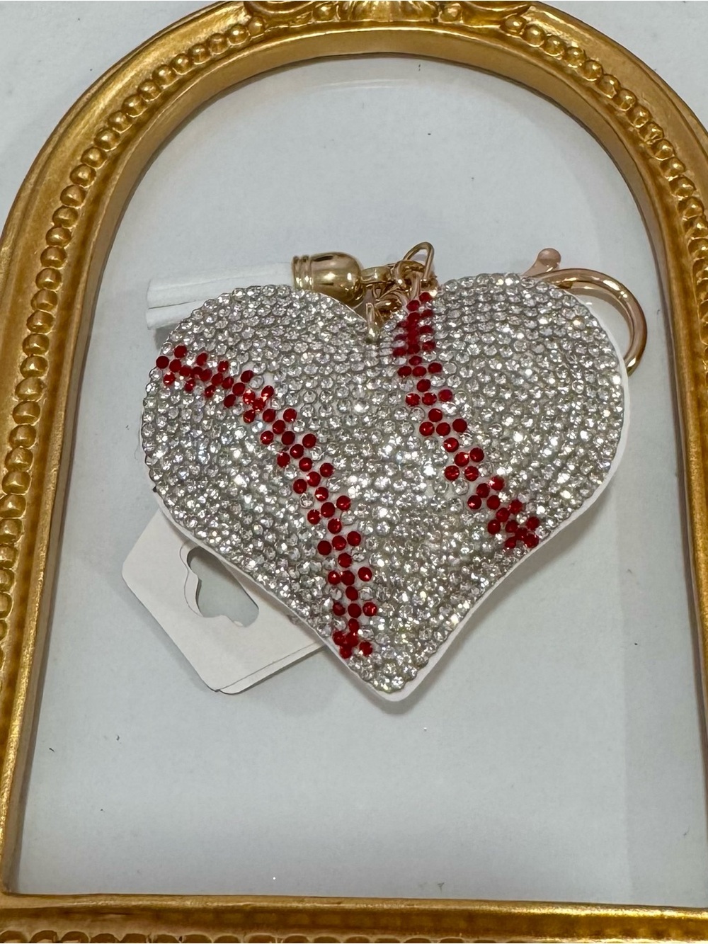 New Crystal Heart Baseball Keychain- Silver & Red